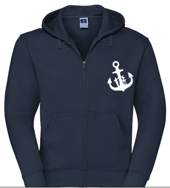 Dunkelblauer Vereins-Hoodie mit Reißverschluss und weißem Anker-Logo